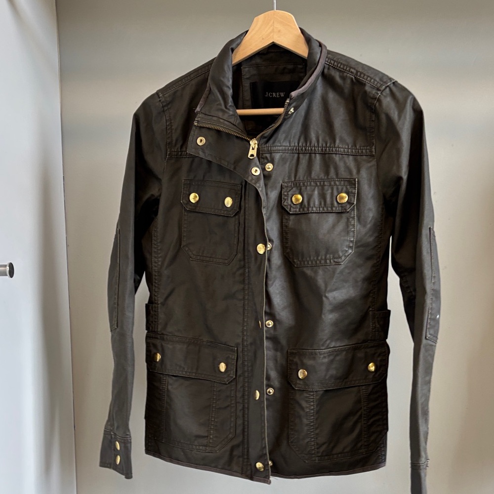 J.Crew Olive Green Rain Jacket with Gold Buttons